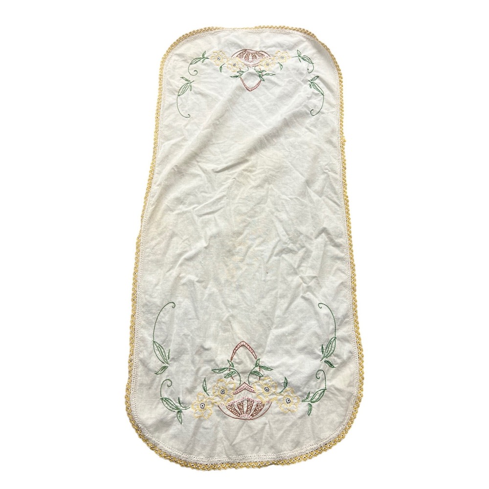 Unbranded Table Runner Unisex 34x15 Off-White Vintage Hand Embroidered Floral